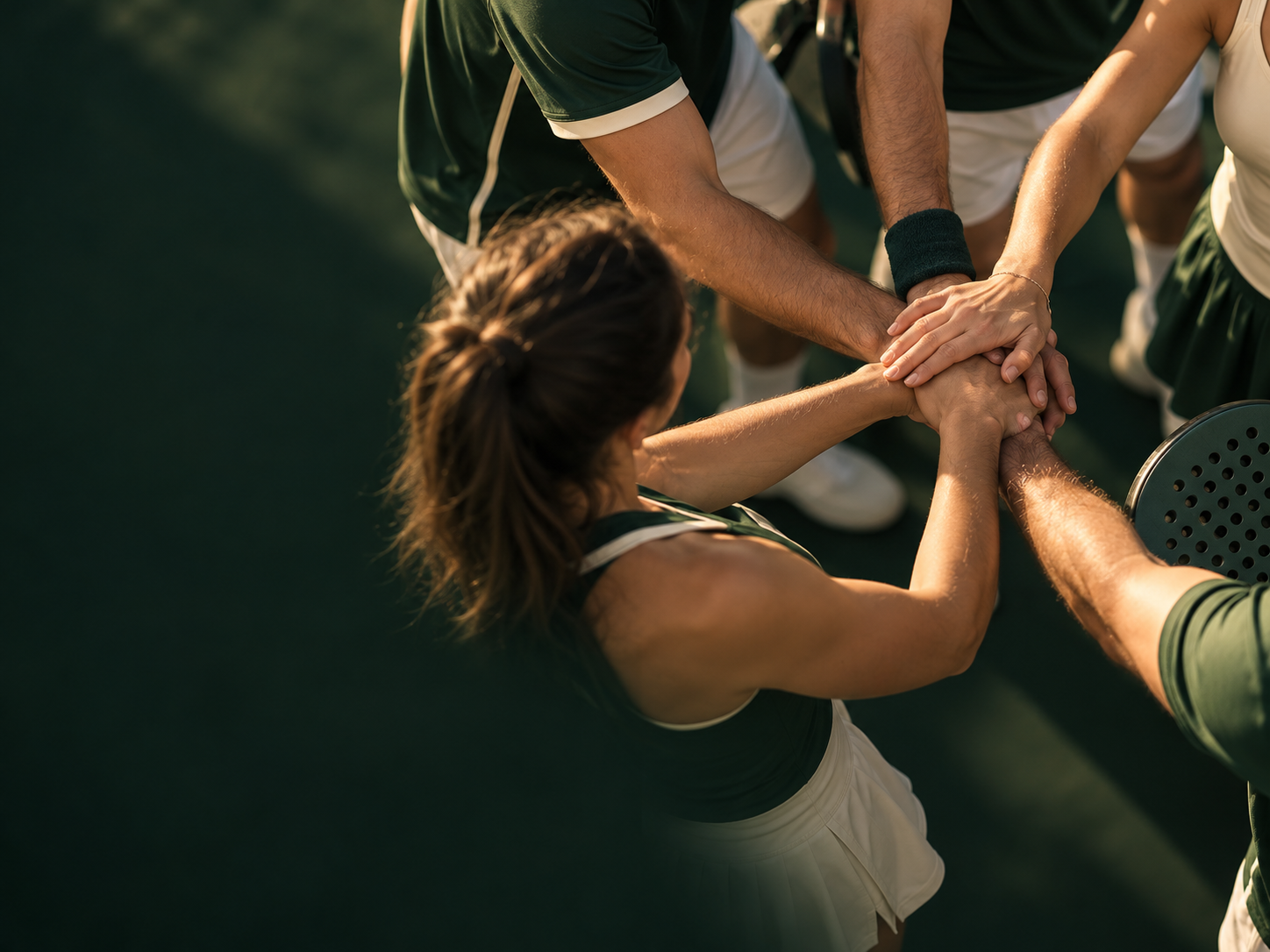 University padel teammates bringing their hands together in a huddle